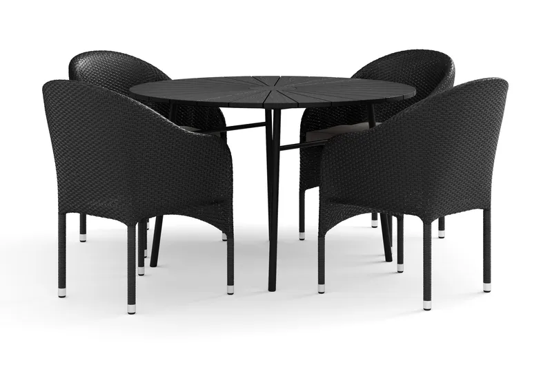 Tunis ulkokäyttöön tarkoitettu pyöreä ruokailuryhmä 120 cm, mukana 4 Thor-nojatuolia - Musta/Musta - Puutarhakalusteet - Ulkoryhmä - Ruokailuryhmät ulos