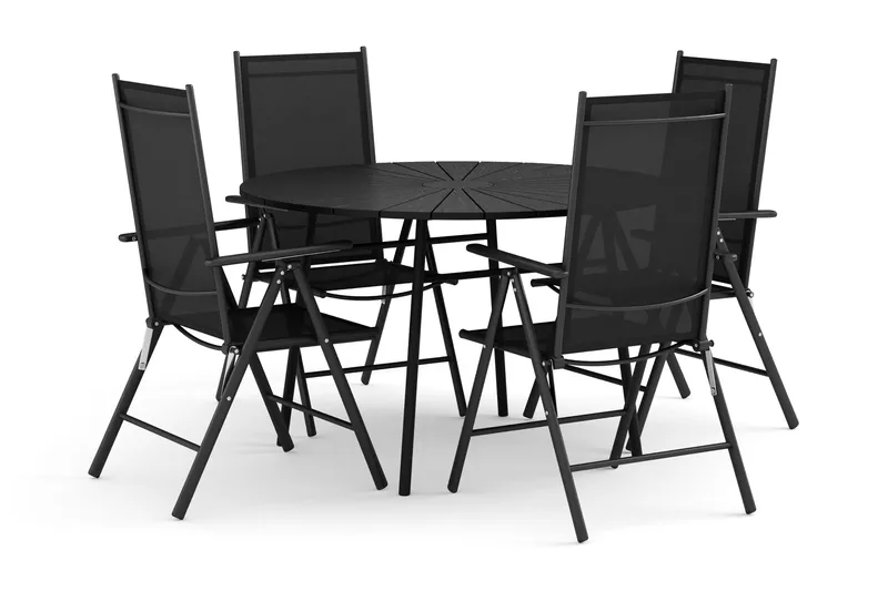 Tunis-ulkokäyttöön tarkoitettu pyöreä ruokailuryhmä 120 cm, 4 Maggie-säätötuolia, Musta/Musta