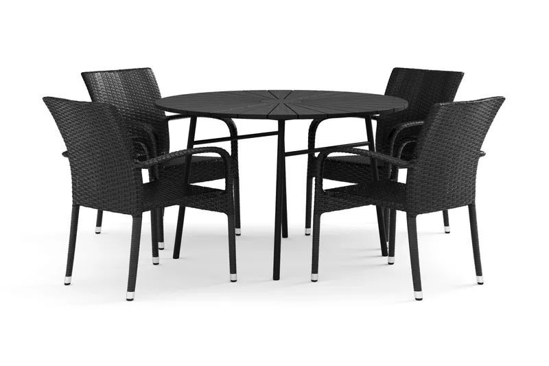 Tunis-ulkokäyttöön tarkoitettu pyöreä ruokailuryhmä 120 cm, 4 Thor Light -ulkonojaistuinta - Musta/Musta - Puutarhakalusteet - Ulkoryhmä - Ruokailuryhmät ulos