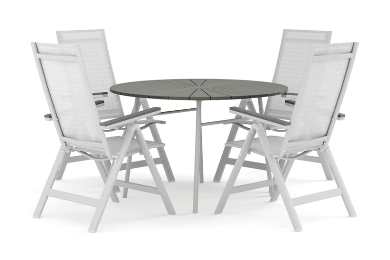 Tunis-ulkokäyttöön tarkoitettu pyöreä ruokailuryhmä 120 cm, 4 Monaco Light -säätötuolia, Valkoinen/Harmaa