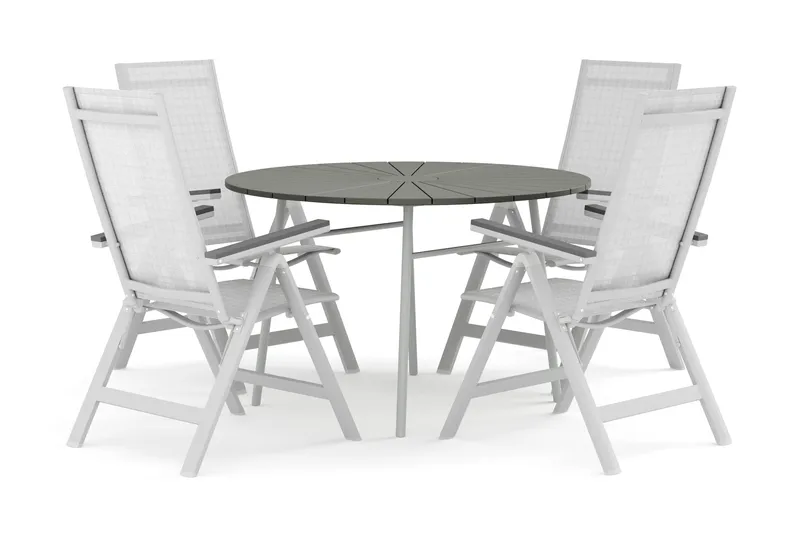 Tunis-ulkokäyttöön tarkoitettu pyöreä ruokailuryhmä 120 cm, 4 Monaco Light -säätötuolia, Valkoinen/Harmaa