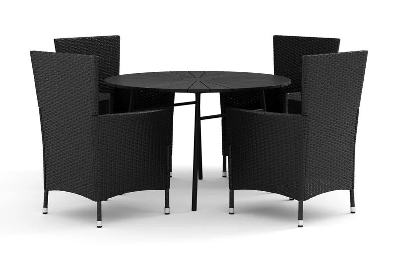 Tunis ulkokäyttöön tarkoitettu pyöreä ruokailuryhmä 120 cm, 4 Thor-ulkonoja-tuolia - Musta/Musta - Puutarhakalusteet - Ulkoryhmä - Ruokailuryhmät ulos