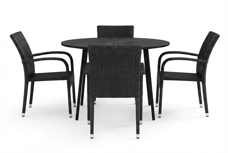 Tunis-ulkokäyttöön tarkoitettu pyöreä ruokailuryhmä 120 cm, 4 Thor Light -ulkonojaistuinta - Musta/Musta - Puutarhakalusteet - Ulkoryhmä - Ruokailuryhmät ulos