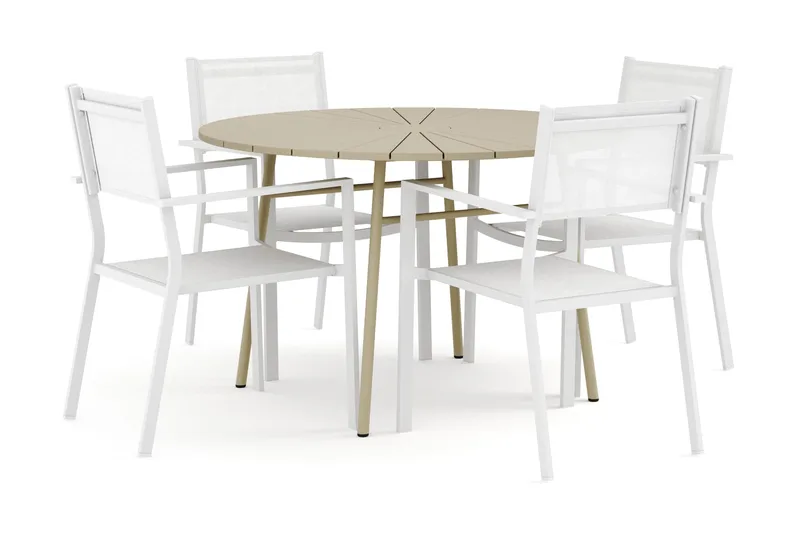 Tunis-ulkokäyttöön pyöreä ruokailuryhmä 120 cm, 4 Tunis-pinottavalla tuolilla - Valkoinen/Harmaa - Puutarhakalusteet - Ulkoryhmä - Ruokailuryhmät ulos