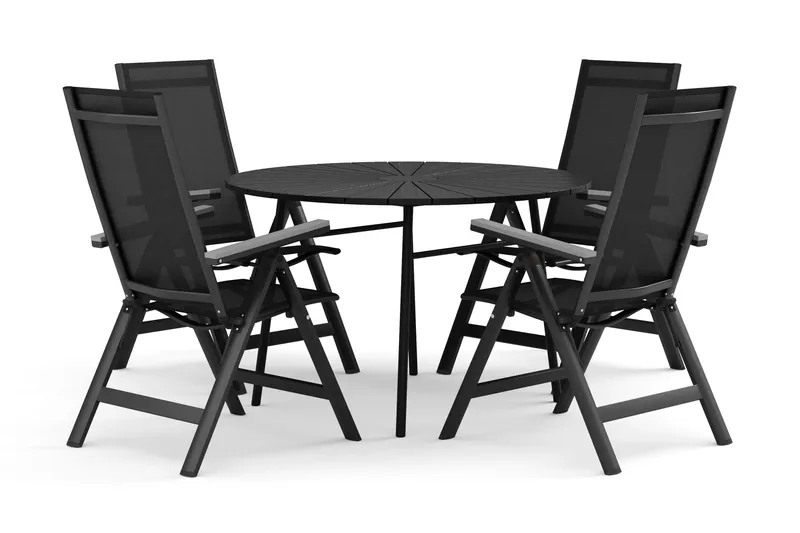 Tunis ulkokäyttöön pyöreä ruokailuryhmä 120 cm, 4 Monaco Light -säätötuolilla, Musta/Musta