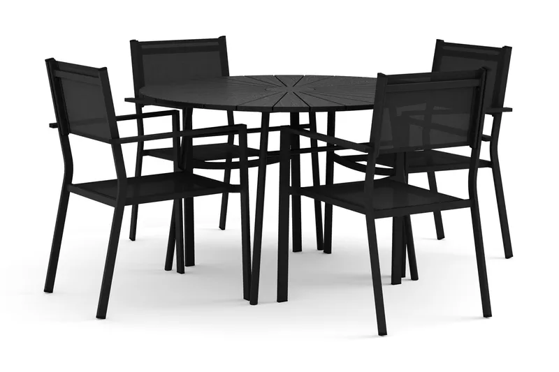 Tunis-ulkokäyttöön pyöreä ruokailuryhmä 120 cm, 4 Tunis-pinottavalla tuolilla, Musta/Musta