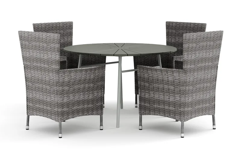 Tunis-ulkokäyttöön pyöreä ruokailuryhmä 120 cm, 4 Thor-ulkonojatuolilla, Valkoinen/Harmaa