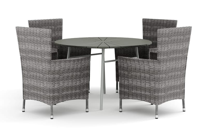 Tunis-ulkokäyttöön pyöreä ruokailuryhmä 120 cm, 4 Thor-ulkonojatuolilla, Valkoinen/Harmaa