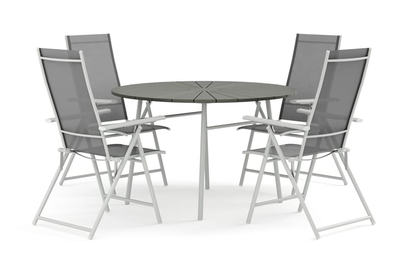 Tunis ulkokäyttöön pyöreä ruokailuryhmä 120 cm, 4 Sanna-säätötuolilla - Valkoinen/Harmaa - Puutarhakalusteet - Ulkoryhmä - Ruokailuryhmät ulos