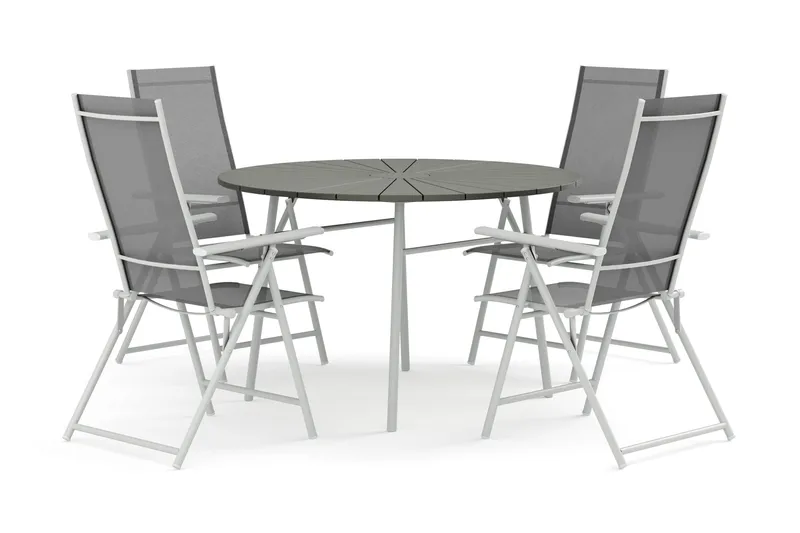 Tunis ulkokäyttöön pyöreä ruokailuryhmä 120 cm, 4 Sanna-säätötuolilla, Valkoinen/Harmaa