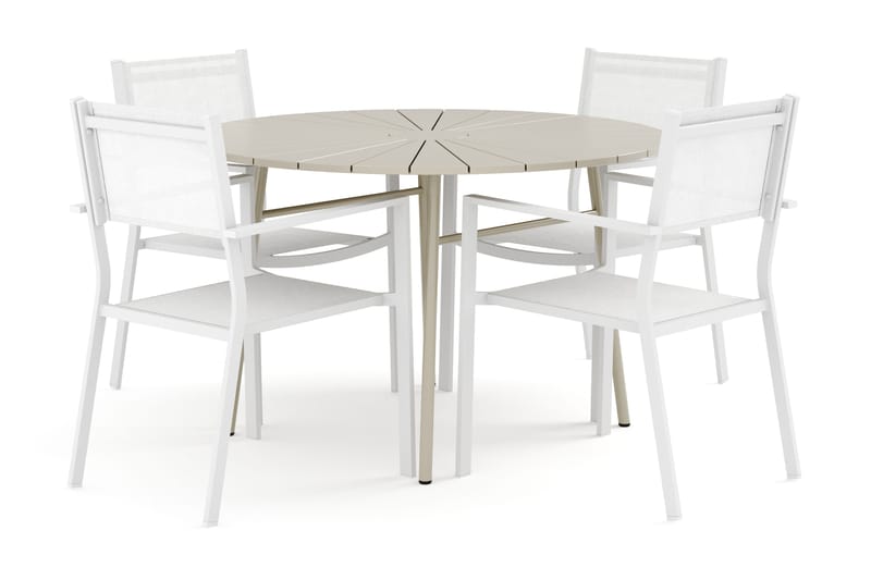 Tunis-ulkokäyttöön pyöreä ruokailuryhmä 120 cm, 4 Tunis-pinottavalla tuolilla, Valkoinen/Harmaa