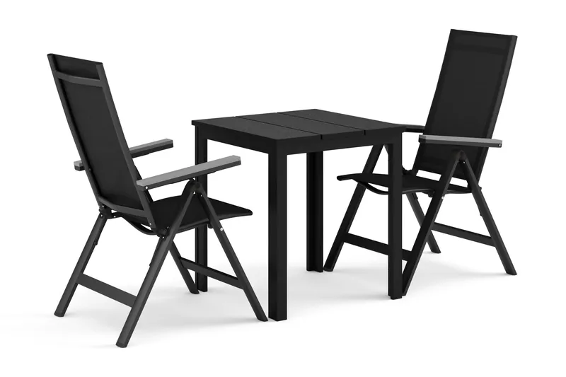 Tunis ulkokahvilasetti 70x70 cm, 2 Monaco Light -säätötuolia, Musta/Musta