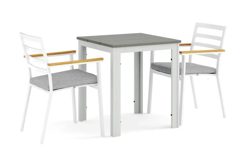 Tunis ulkokahvilasetti 70x70 cm, 2 Oliver käsinojatuolia, Valkoinen/Harmaa