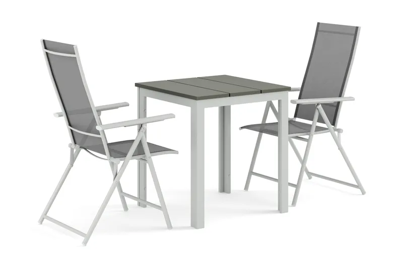 Tunis ulkokahvilasetti 70x70 cm, 2 Sanna-säätötuolia, Valkoinen/Harmaa