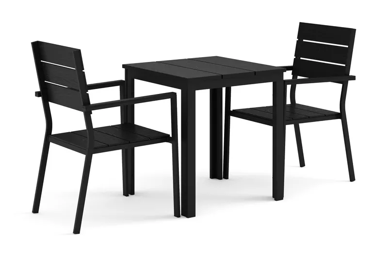 Tunis-ulkokahvilasetti 70x70 cm, 2 Tunis-pinottavaa tuolia, Musta/Musta