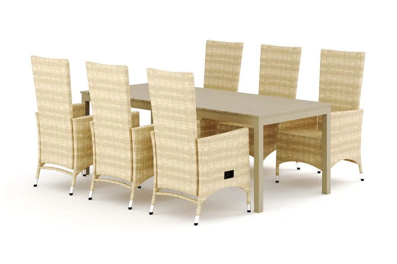 Tunis-ulkoruokailuryhmä, jatkettava 205/305x90 cm, 6 Jenny-ruokatuolia, Beige/beige