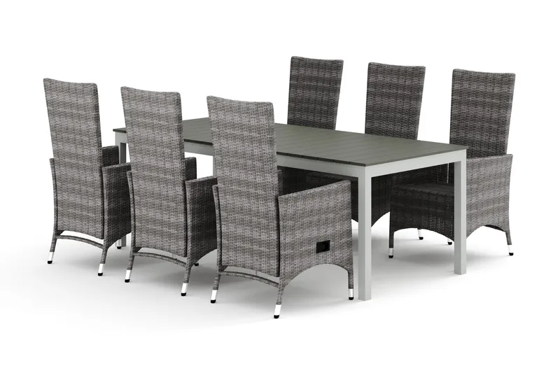 Tunis-ulkoruokailuryhmä, jatkettava 205/305x90 cm, 6 Jenny-ruokatuolia, Valkoinen/harmaa