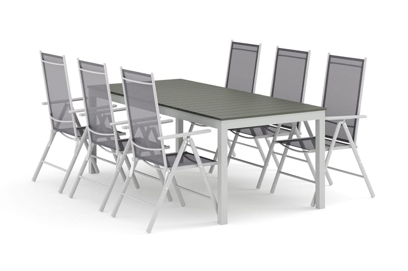 Tunis ulkoruokailuryhmä, jatkettava 205/305x90 cm, 6 Maggie-säätötuolia, Valkoinen/Harmaa