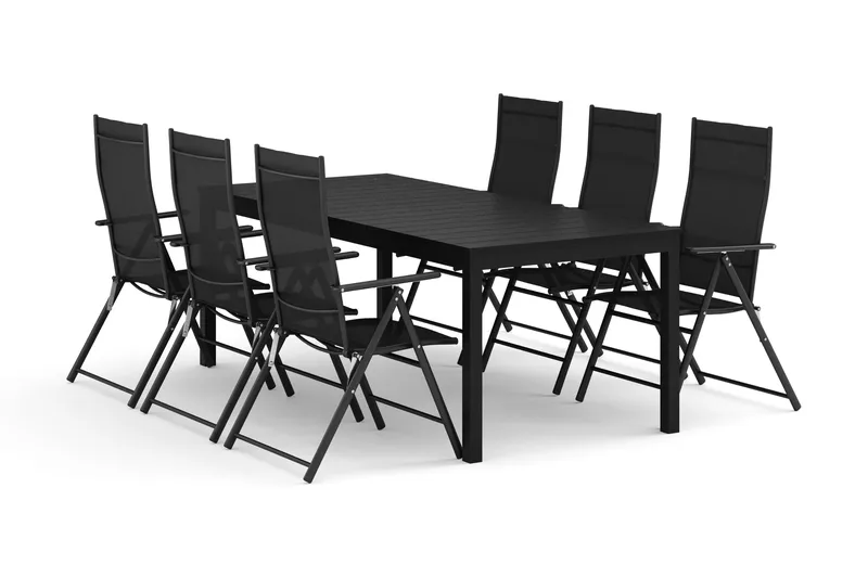 Tunis-ulkoruokailuryhmä, jatkettava 205/305x90 cm, 6 säätötuolia, Musta/Musta