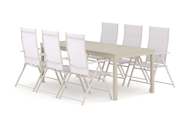 Tunis ulkoruokailuryhmä, jatkettava 205/305x90 cm, 6 Sanna-säätötuolia, Beige/Beige