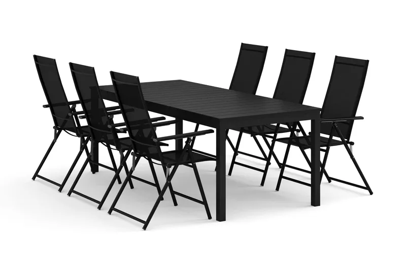 Tunis ulkoruokailuryhmä, jatkettava 205/305x90 cm, 6 Sanna-säätötuolia, Musta/Musta