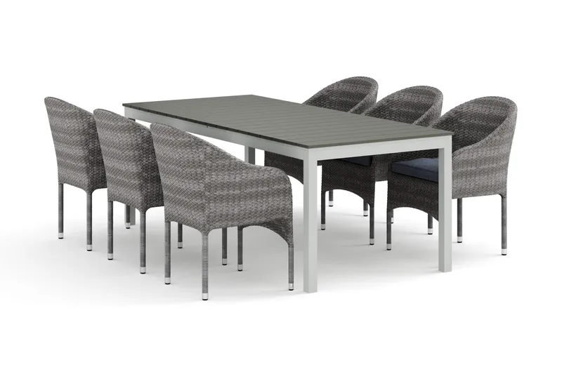 Tunis ulkoruokailuryhmä, jatkettava 205/305x90 cm, 6 Thor-nojatuolia - Valkoinen/harmaa - Puutarhakalusteet - Ulkoryhmä - Ruokailuryhmät ulos