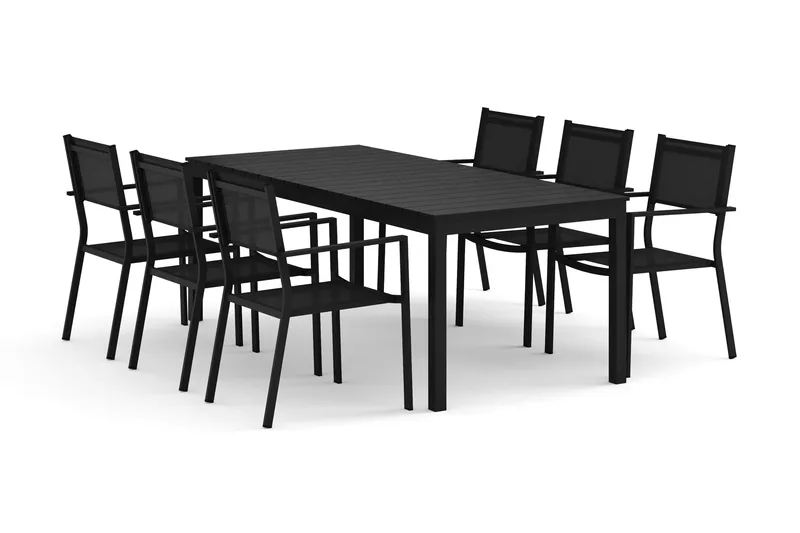Tunis-ulkoruokailuryhmä, jatkettava 205/305x90 cm, 6 Tunis-pinottavaa tuolia - Musta/musta - Puutarhakalusteet - Ulkoryhmä - Ruokailuryhmät ulos