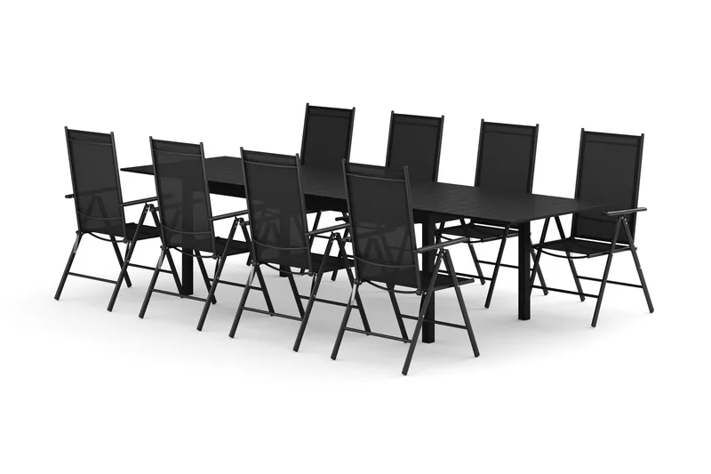 Tunis-ulkoruokailuryhmä, jatkettava 205/305x90 cm, 8 Maggie-säätötuolia, Musta/Musta