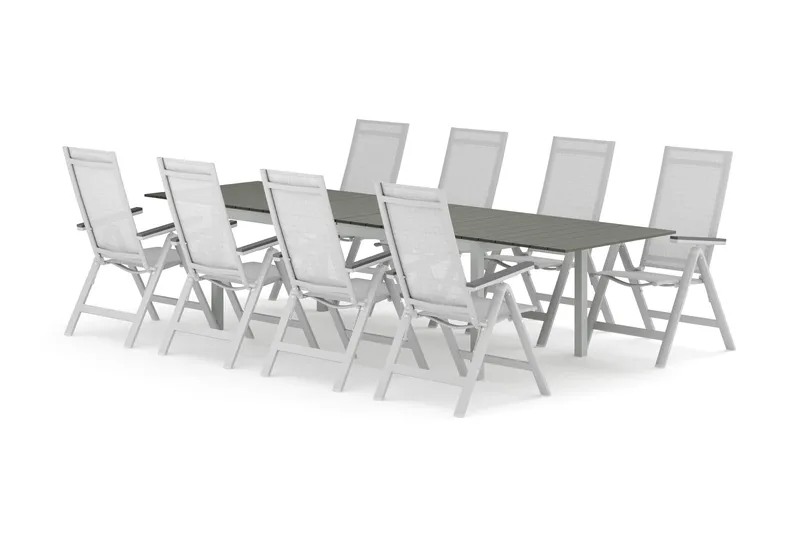 Tunis-ulkoruokailuryhmä, jatkettava 205/305x90 cm, 8 Monaco Light -säätötuolia, Valkoinen/harmaa