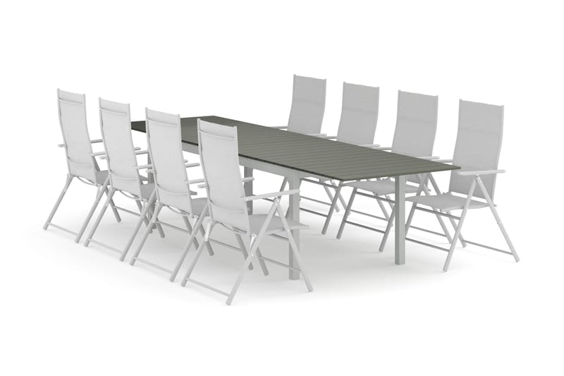 Tunis ulkoruokailuryhmä, jatkettava 205/305x90 cm, 8 säätötuolia - Valkoinen/Harmaa - Puutarhakalusteet - Ulkoryhmä - Ruokailuryhmät ulos