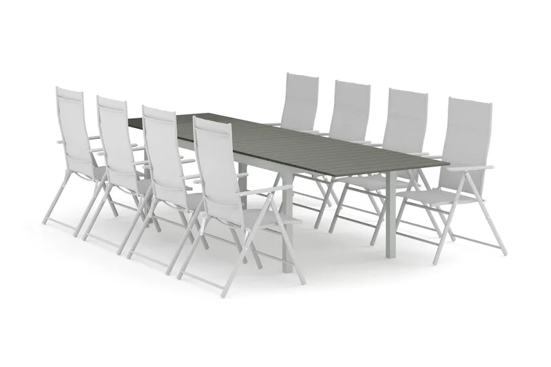 Tunis ulkoruokailuryhmä, jatkettava 205/305x90 cm, 8 säätötuolia, Valkoinen/Harmaa