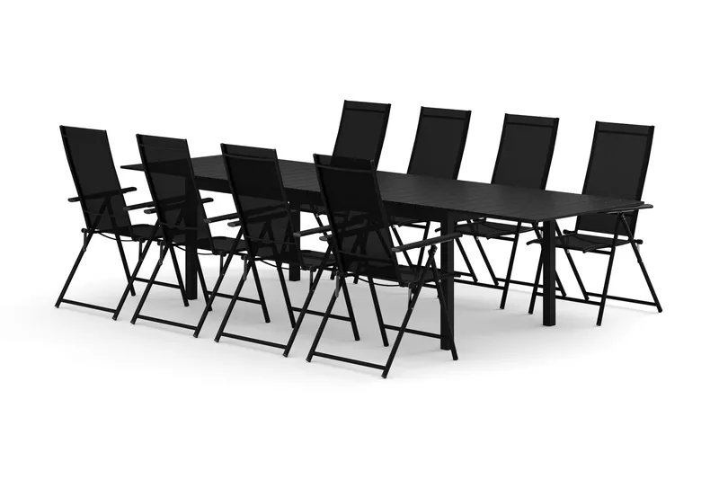 Tunis ulkoruokailuryhmä, jatkettava 205/305x90 cm, 8 Sanna-säätötuolia, Musta/Musta