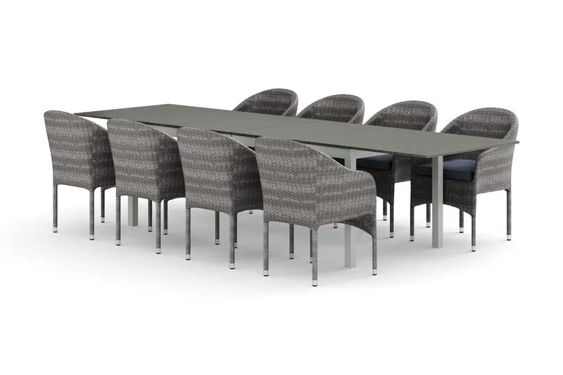 Tunis ulkoruokailuryhmä, jatkettava 205/305x90 cm, 8 Thor-nojatuolia - Valkoinen/harmaa - Puutarhakalusteet - Ulkoryhmä - Ruokailuryhmät ulos