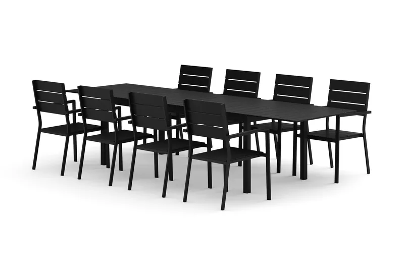 Tunis ulkoruokailuryhmä, jatkettava 205/305x90 cm, 8 Tunis-pinottavaa tuolia, Musta/Musta