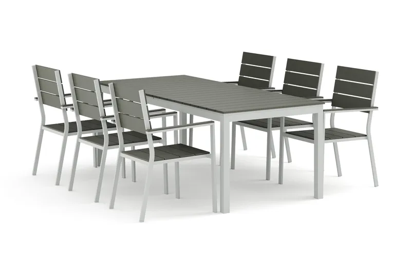 Tunis-ulkoruokailuryhmä, jatkettava 205/305x90 cm ja 6 Tunis-pinoamistuolia - Valkoinen/Harmaa - Puutarhakalusteet - Ulkoryhmä - Ruokailuryhmät ulos