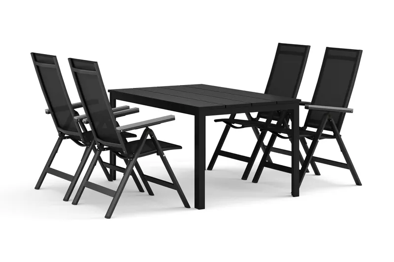 Tunis ulkoruokailuryhmä 140x90 cm, 4 Monaco Light -säätötuolia, Musta/musta