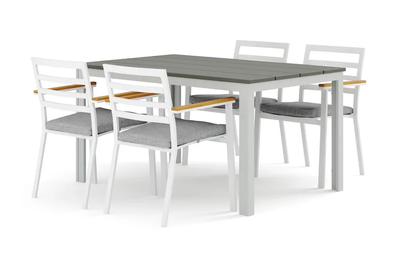 Tunis ulkoruokailuryhmä 140x90 cm, 4 Oliver-käsinojatuolia pehmusteella, Valkoinen/Harmaa