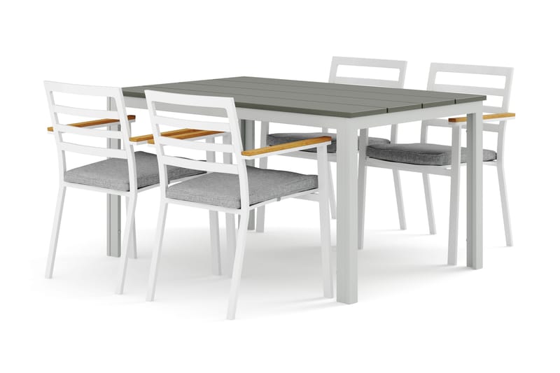 Tunis ulkoruokailuryhmä 140x90 cm, 4 Oliver-käsinojatuolia pehmusteella, Valkoinen/Harmaa