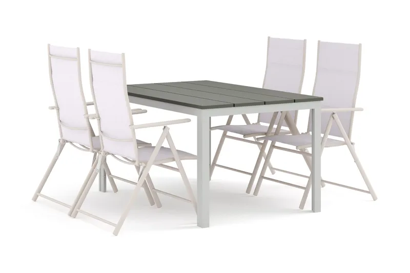 Tunis ulkoruokailuryhmä 140x90 cm, 4 säätötuolia, Valkoinen/harmaa