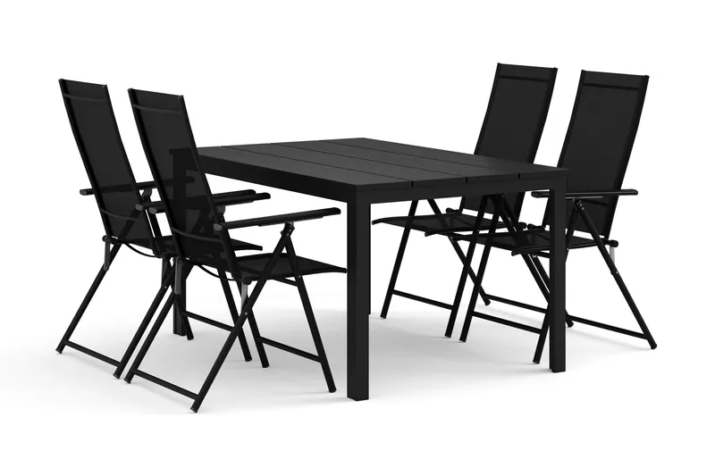 Tunis ulkoruokailuryhmä 140x90 cm, 4 Sanna-säätötuolia, Musta/musta