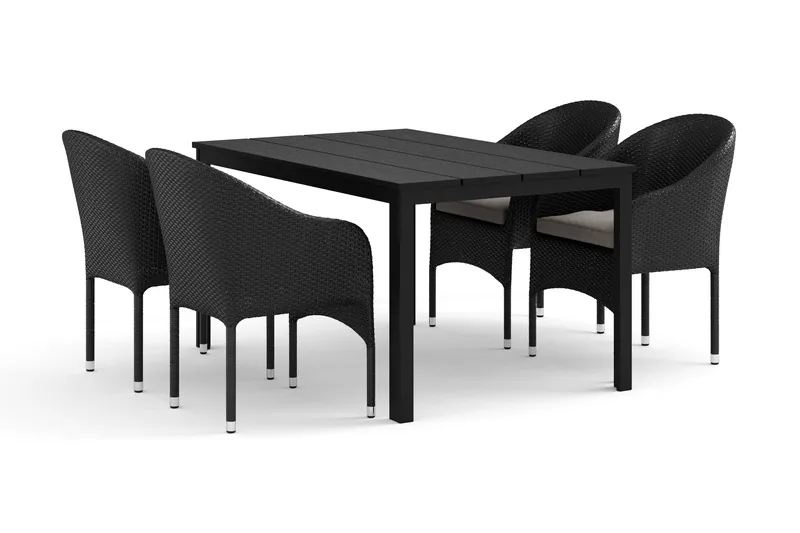 Tunis-ulkoruokailuryhmä 140x90 cm, 4 Thor-nojatuolia, Musta/musta