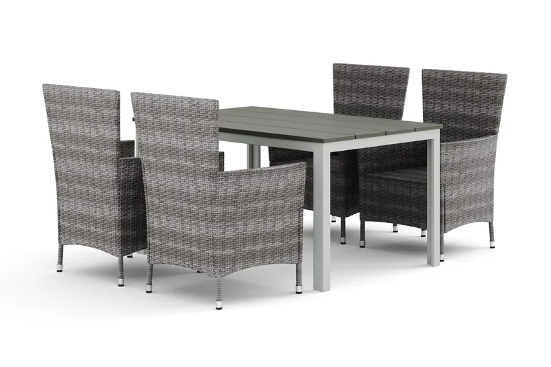 Tunis ulkoruokailuryhmä 140x90 cm, 4 Thor-ulkokäsinojatuolia, Valkoinen/Harmaa