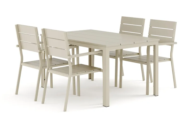 Tunis ulkoruokailuryhmä 140x90 cm, 4 Tunis-pinottavaa tuolia, Beige/Beige