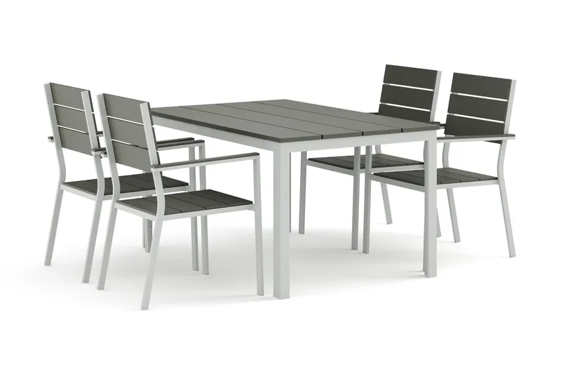 Tunis ulkoruokailuryhmä 140x90 cm, 4 Tunis-pinottavaa tuolia, Valkoinen/Harmaa