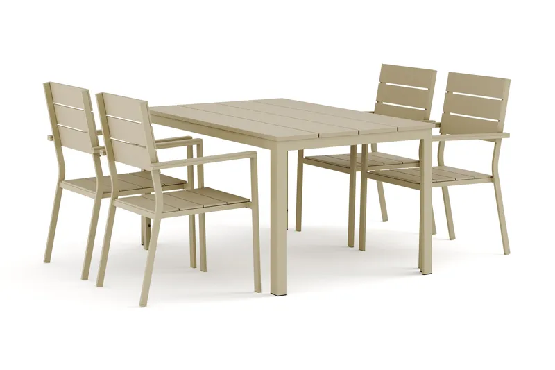 Tunis ulkoruokailuryhmä 140x90 cm, 4 Tunis-pinottavaa tuolia, Beige/Beige
