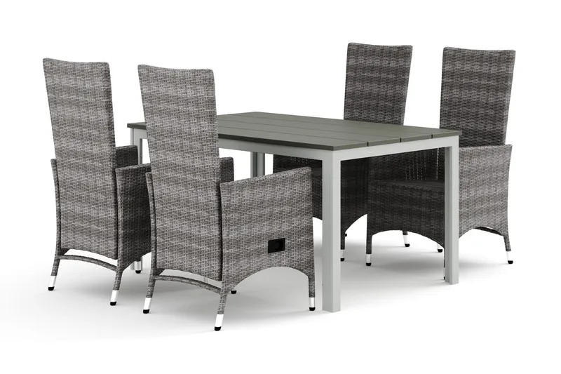 Tunis-ulkoruokailuryhmä 140x90 cm ja 4 Jenny-ruokatuolia - Valkoinen/Harmaa - Puutarhakalusteet - Ulkoryhmä - Ruokailuryhmät ulos