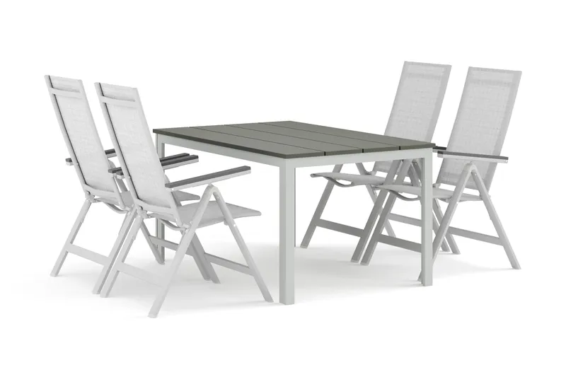 Tunis-ulkoruokailuryhmä 140x90 cm ja 4 Monaco Light -säätötuolia, Valkoinen/Harmaa