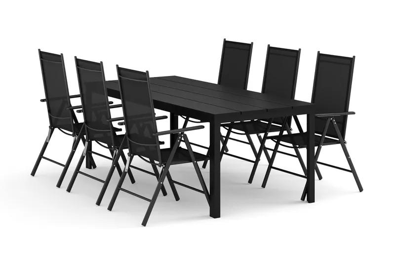 Tunis ulkoruokailuryhmä 205x90 cm, 6 Maggie-säätötuolia, Musta/musta
