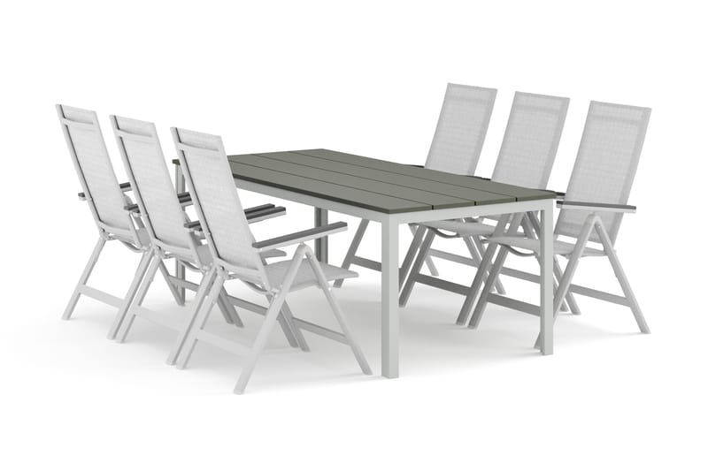Tunis-ulkoruokailuryhmä 205x90 cm, 6 Monaco Light -säätötuolia, Valkoinen/Harmaa