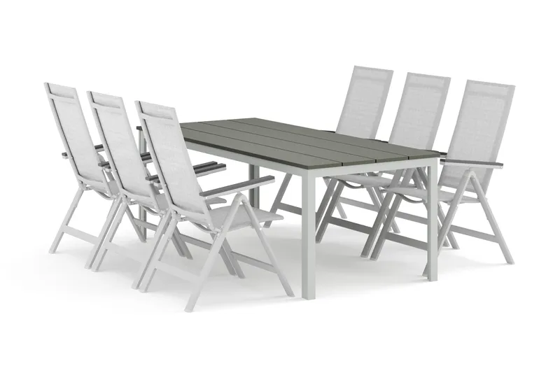 Tunis-ulkoruokailuryhmä 205x90 cm, 6 Monaco Light -säätötuolia, Valkoinen/Harmaa